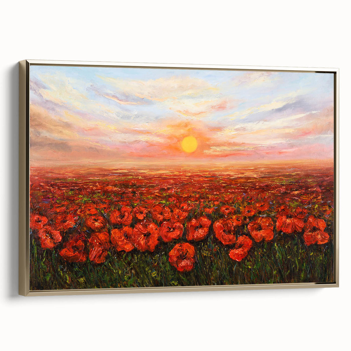 Framed canvas wall art showcasing a vibrant poppy botanical design with gold accents, elegantly displayed from a side view, perfect for home decor enhancement.