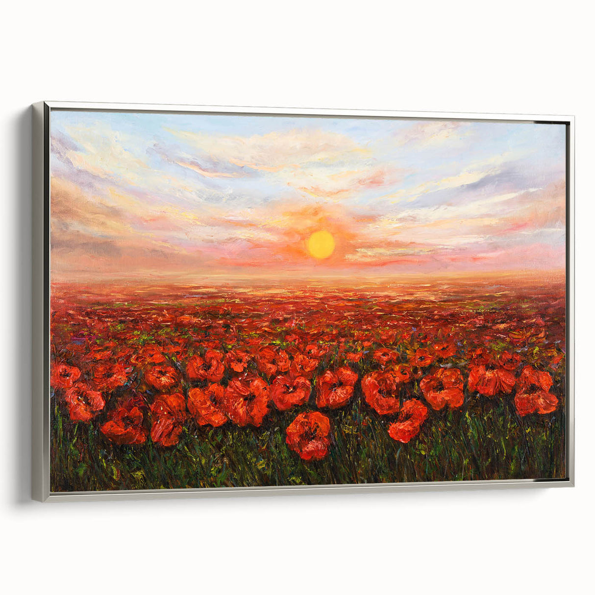 Framed botanical wall art featuring a vibrant poppy design on canvas, showcasing intricate details and a sleek silver frame from the side view, perfect for home decor.