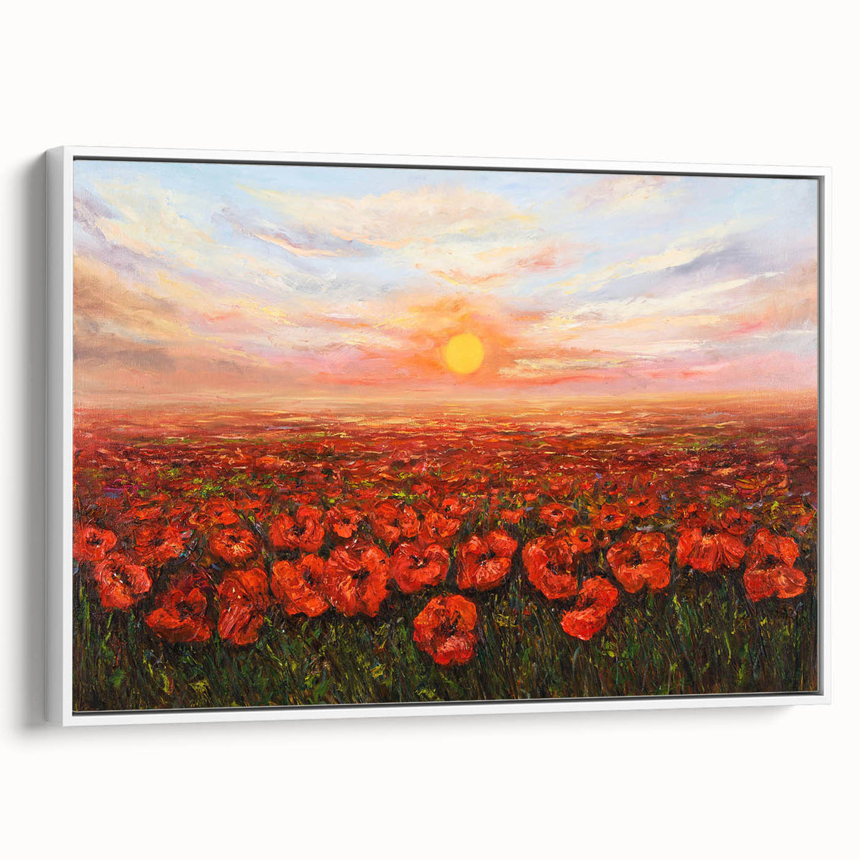 Framed canvas wall art showcasing a vibrant poppy botanical design on a white background, adding a touch of elegance to home decor. Perfect for floral enthusiasts.