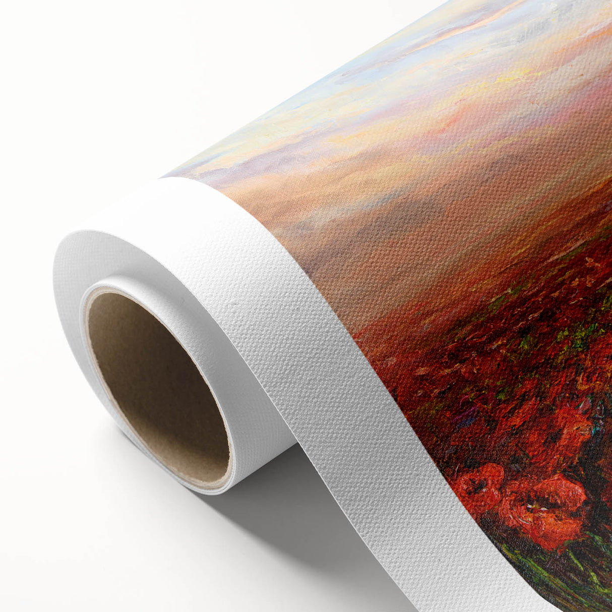 Vibrant rolled canvas artwork showcasing a botanical poppy design, featuring bold colors and intricate details, perfect for home decor or art collection.