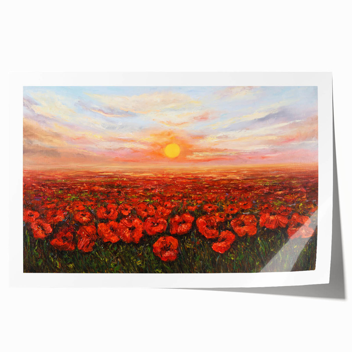 Vibrant botanical poppy wall art print showcasing intricate floral designs in warm colors, elegantly rolled and ready for framing, perfect for home decor.