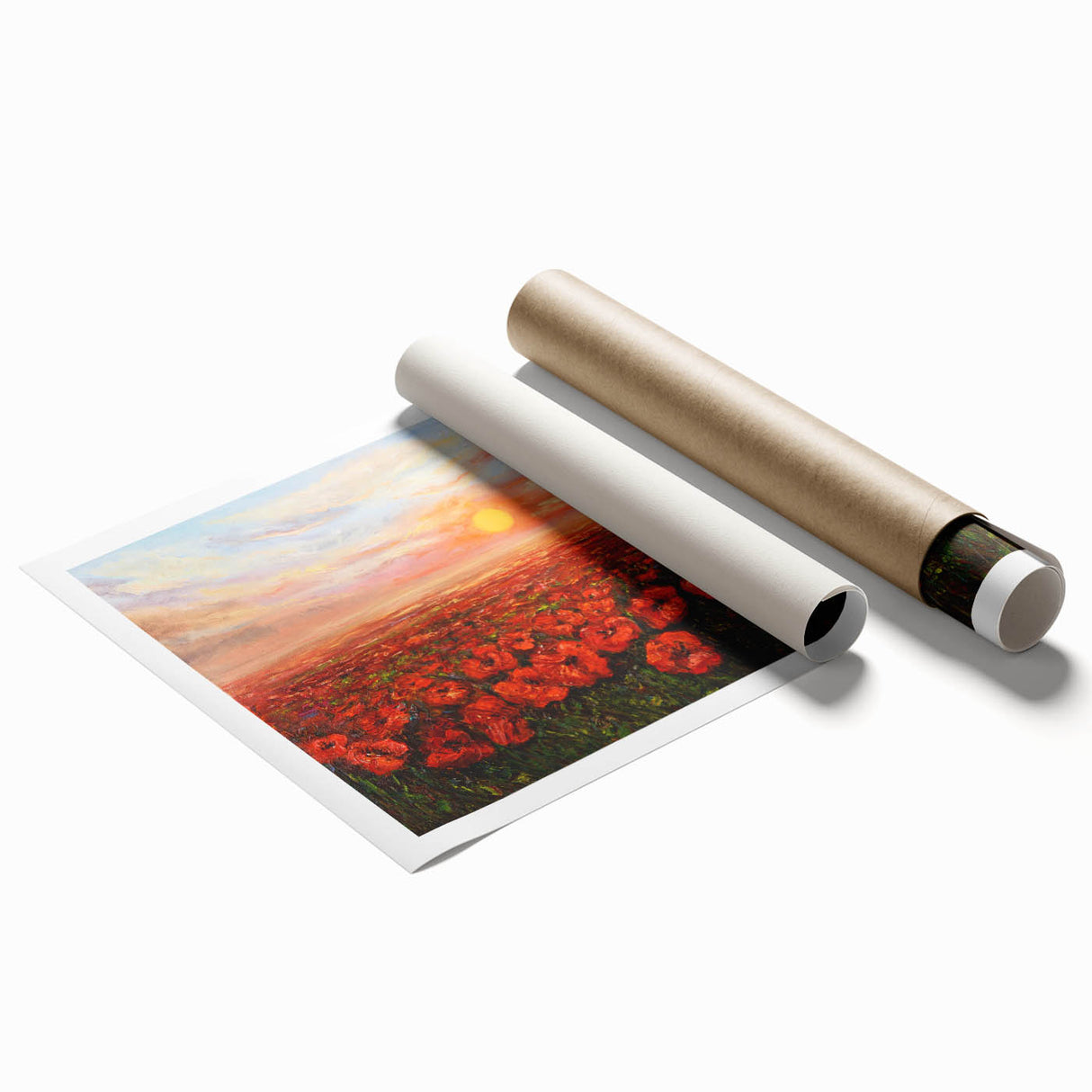 Botanical poppy wall art print showcasing vibrant red and green colors, elegantly rolled for easy display. Ideal for modern home decor and art enthusiasts.