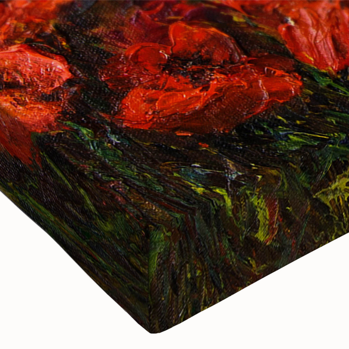 Vibrant close-up of a botanical poppy design wall art canvas, showcasing intricate details and rich colors, ideal for home decor and floral enthusiasts.