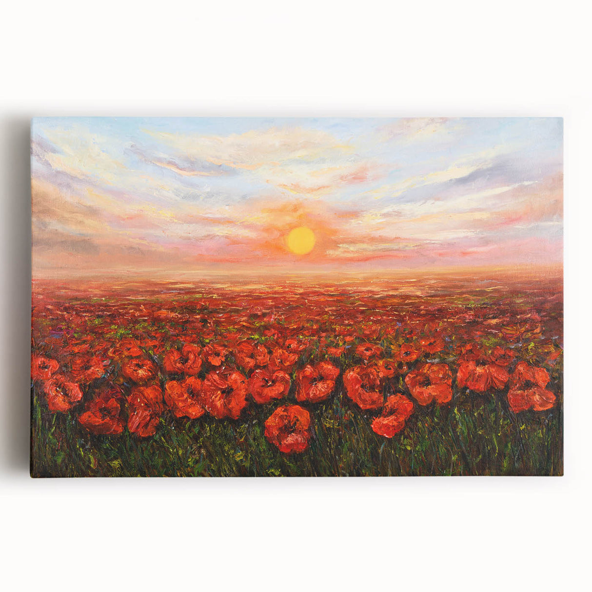 Vibrant botanical wall art featuring a poppy design on stretched canvas, showcasing vivid red flowers against a soft green background, perfect for home decor.