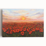 Vibrant botanical wall art featuring a poppy design on stretched canvas, showcasing vivid red flowers against a soft green background, perfect for home decor.