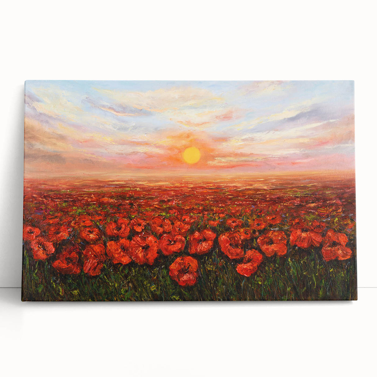 Vibrant botanical poppy design wall art on stretched canvas, showcasing vivid red and green colors, perfect for home decor, leaning against a neutral background.