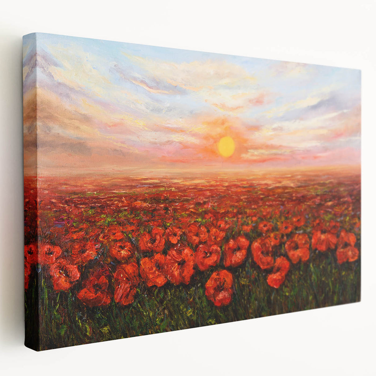 Stretched canvas wall art showcasing a vibrant poppy botanical design, featuring rich colors and intricate details, ideal for home decor or art enthusiasts.