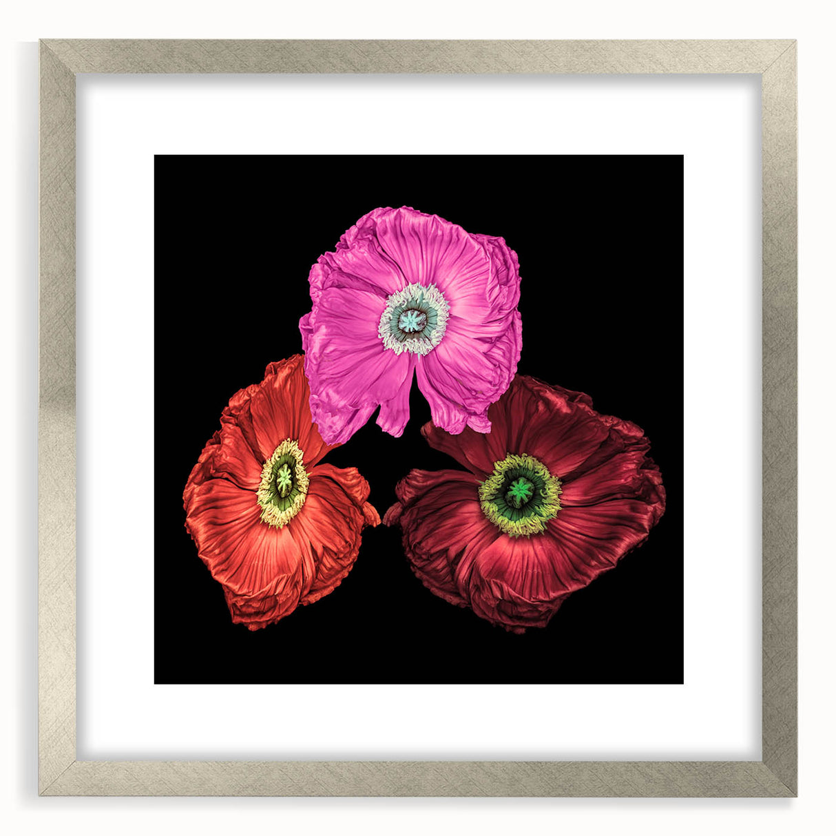 Framed botanical wall art featuring a vibrant red poppy design with a silver mat, perfect for adding a touch of elegance to home decor.
