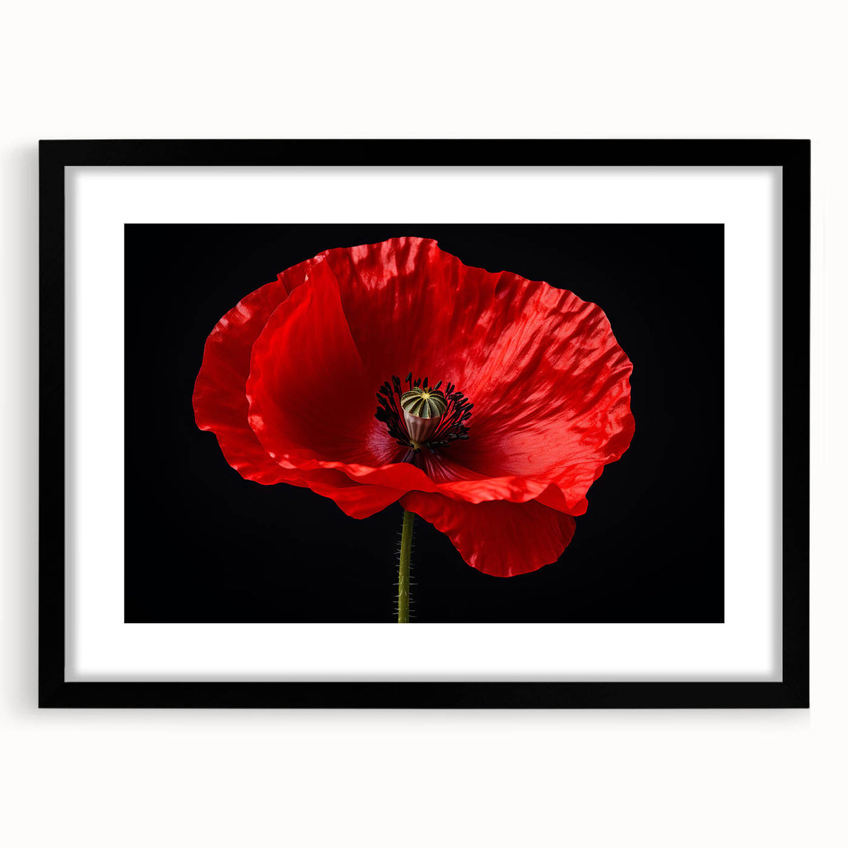 Framed botanical wall art featuring a vibrant poppy design, set against a sleek black frame, perfect for home decor and enhancing interior aesthetics.