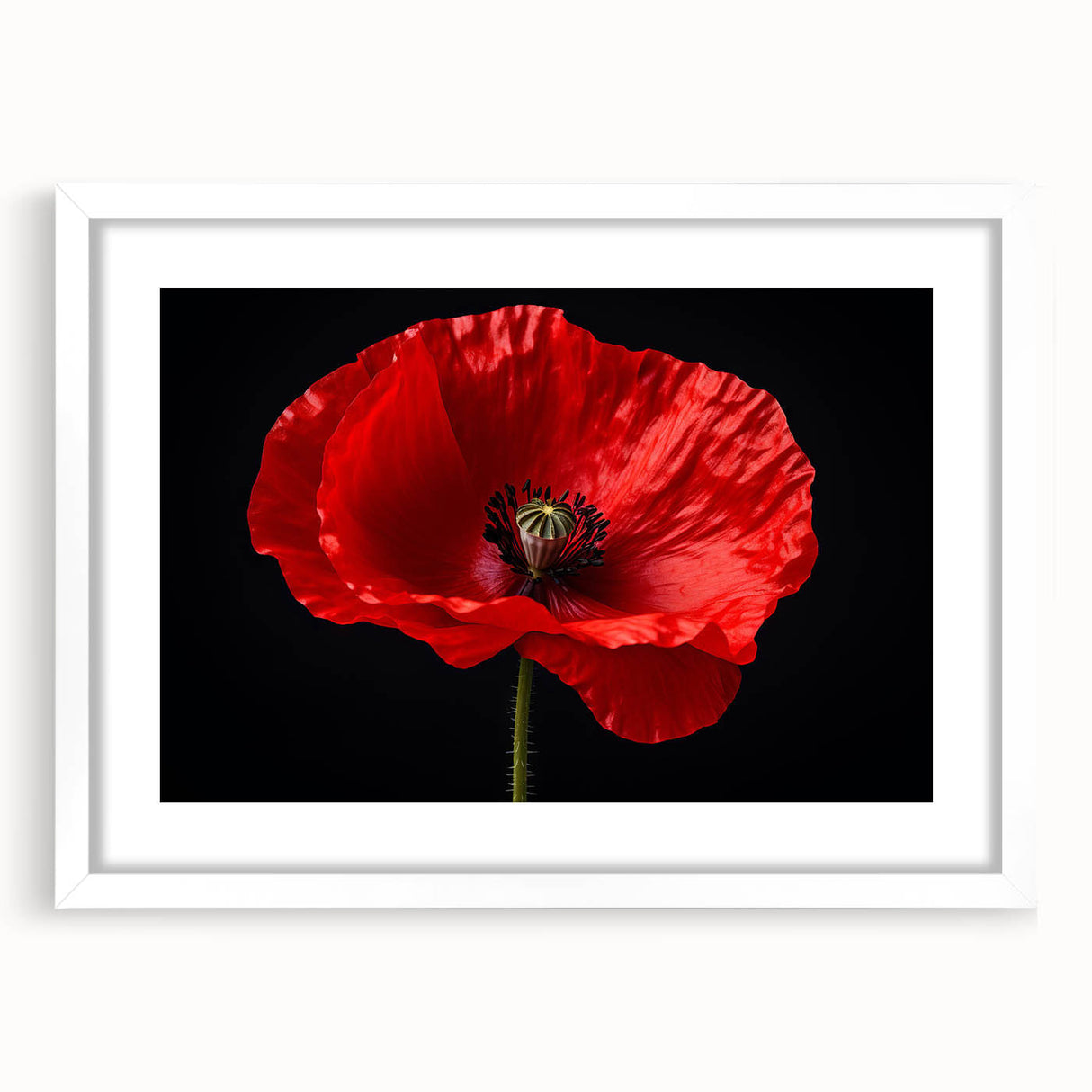 Elegant botanical poppy wall art framed with a white mat, showcasing vibrant red and green flowers, perfect for enhancing modern home decor. This collection adds a touch of nature-inspired beauty to any room.