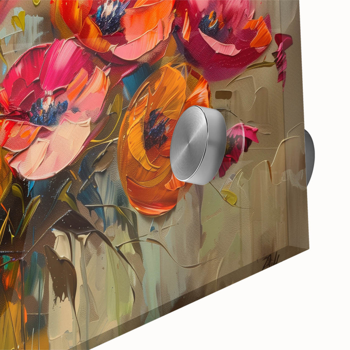 Close-up of a vibrant botanical wall art piece featuring delicate red poppy flowers on acrylic glass, showcasing intricate details and a modern aesthetic for home decor. Ideal for adding a touch of nature-inspired elegance to any space.