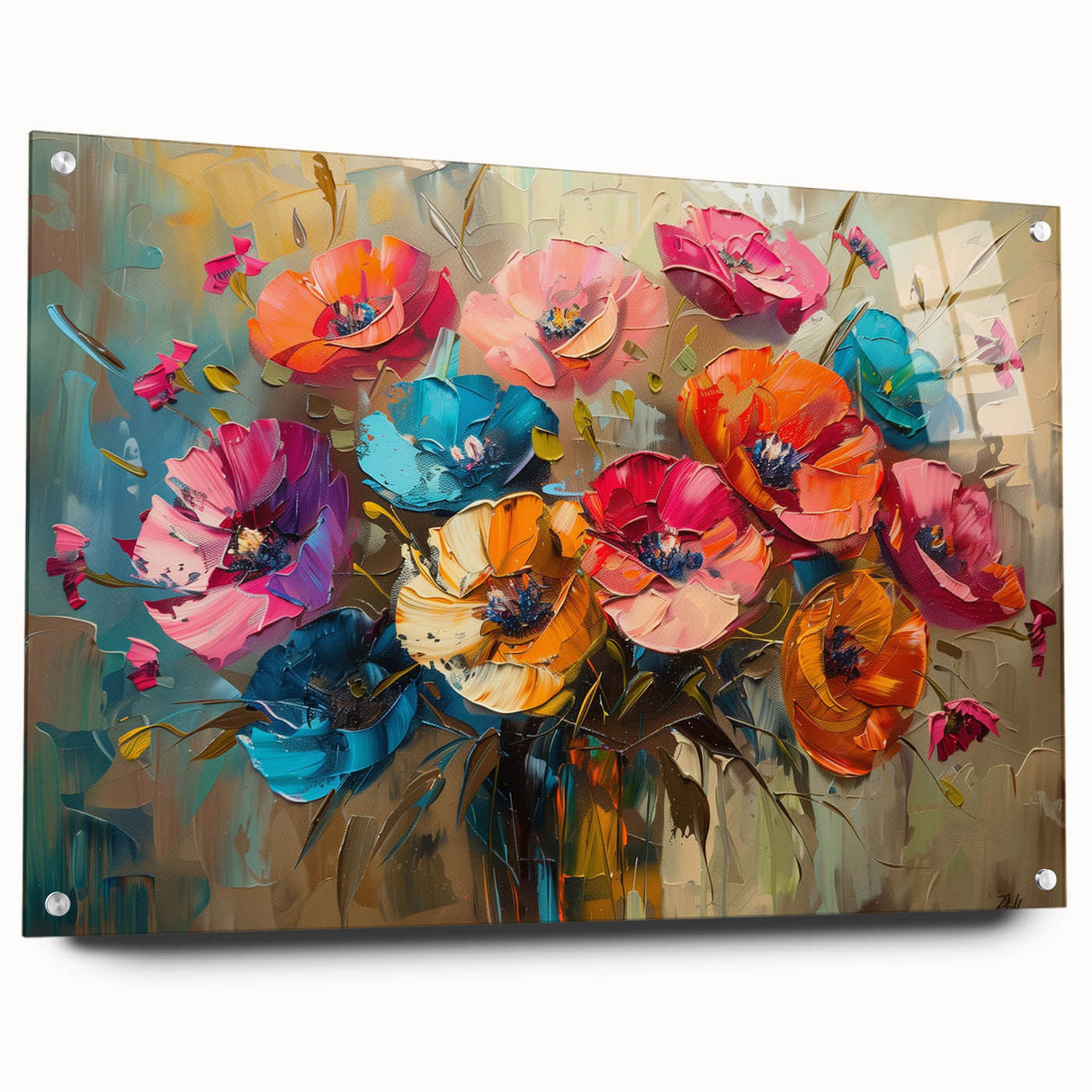 Vibrant botanical poppy wall art collection displayed in a sleek acrylic frame, showcasing intricate floral designs and elegant pins for secure mounting. Ideal for enhancing home decor with a touch of nature-inspired elegance.