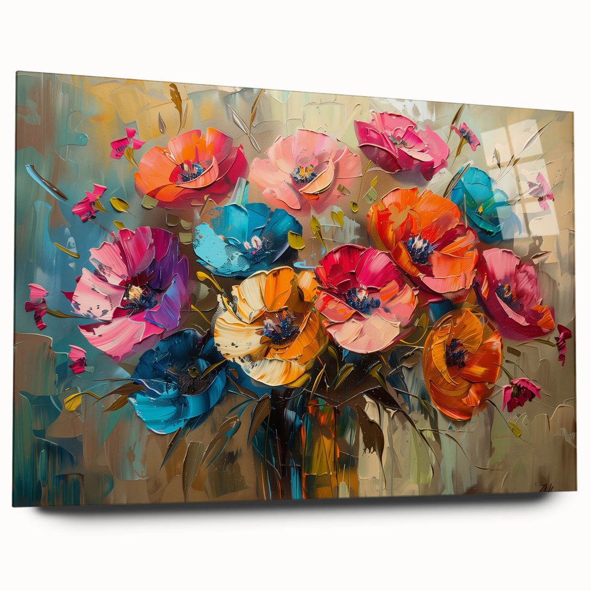 Acrylic glass wall art featuring a vibrant botanical design of poppies, showcasing vivid colors and intricate details, perfect for home decor or art collection.