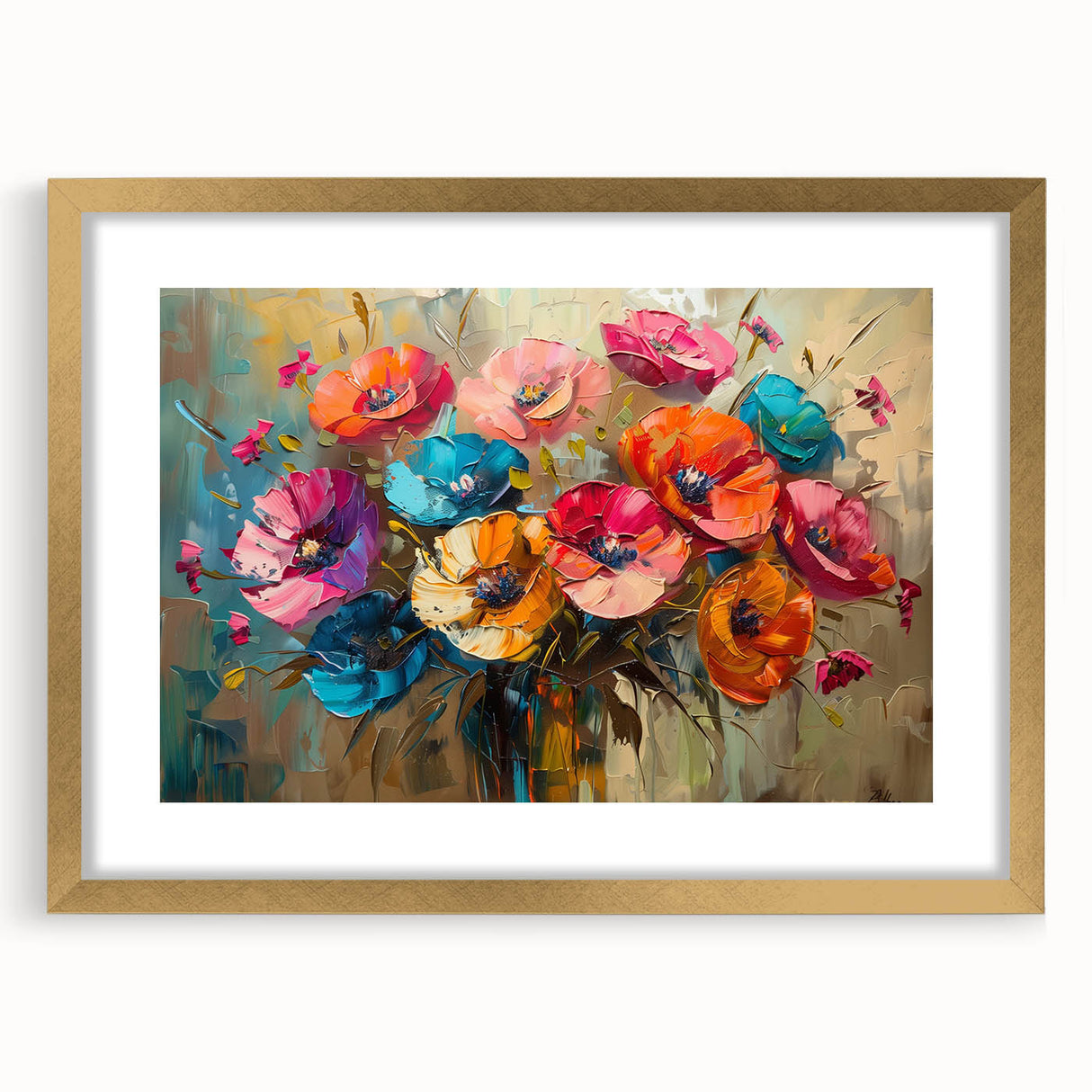 Elegant botanical poppy wall art framed in gold with a mat, showcasing vibrant colors and intricate details, perfect for enhancing any modern decor.