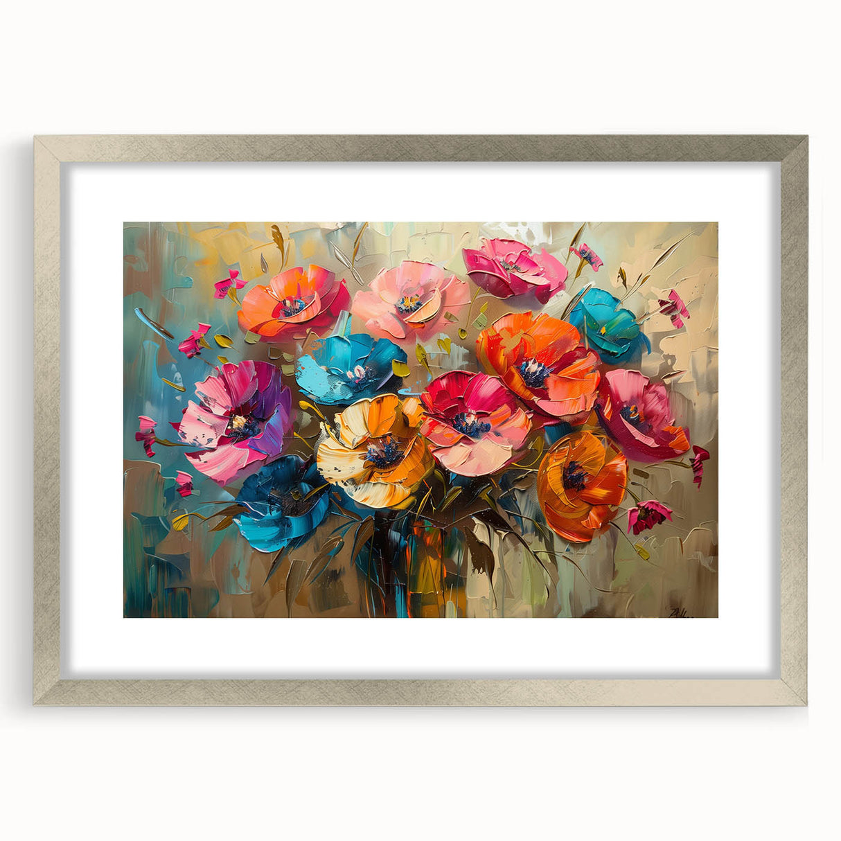 Framed botanical wall art featuring a delicate poppy design, elegantly matted with a silver frame, perfect for enhancing home decor and adding a touch of nature to any space.