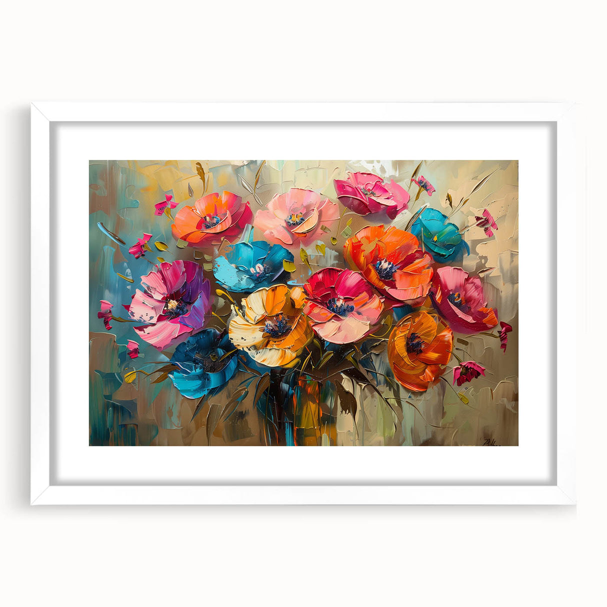 Botanical poppy wall art collection featuring a white frame and mat, showcasing vibrant floral design ideal for home decor. Perfect for brightening any room.