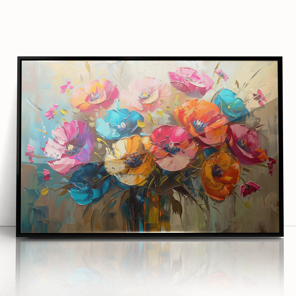 Framed acrylic wall art showcasing a vibrant botanical poppy design in black and white, perfect for modern decor. Ideal for enhancing living spaces with floral elegance.