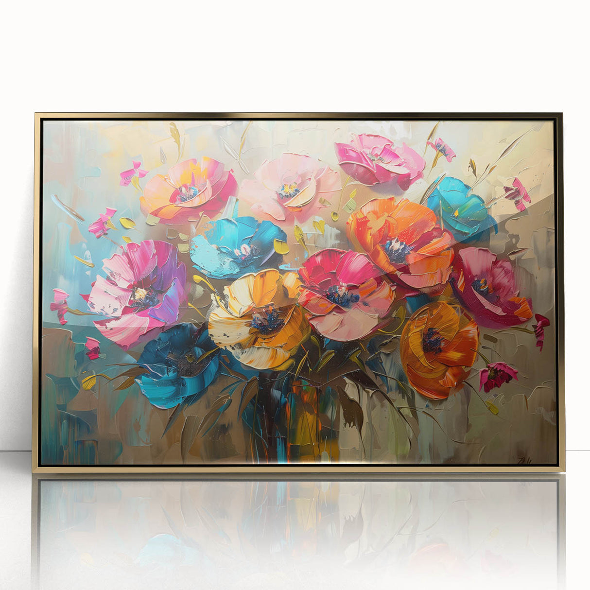 Framed wall art displaying a botanical poppy design with gold accents, showcasing vibrant floral colors against an elegant background, perfect for home decor.