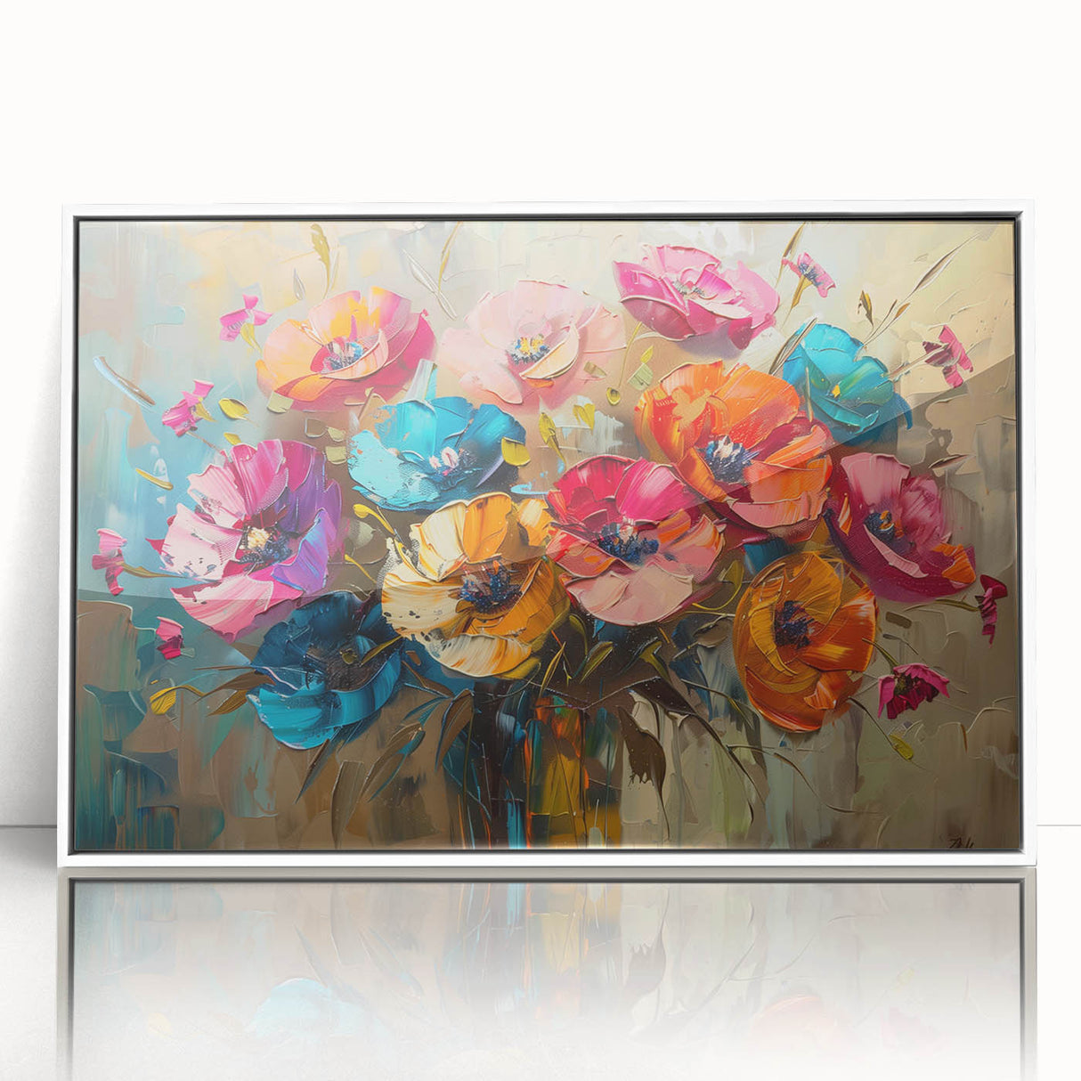 Framed botanical wall art featuring vibrant poppy flowers in a modern acrylic design, showcasing a white frame and elegant front view, perfect for home decor.