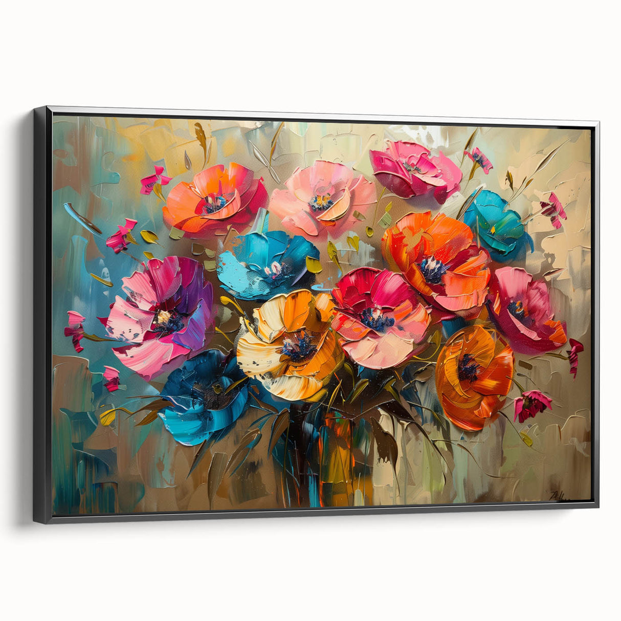 Framed canvas wall art displaying a colorful botanical poppy design, featuring vibrant red and green hues, elegantly presented with a sleek black frame for modern decor.
