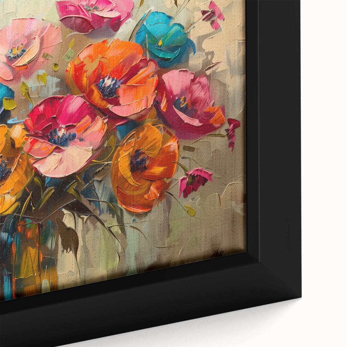 Close-up of a framed botanical wall art piece featuring vibrant poppies in shades of red and green, showcasing intricate details and textures, perfect for home decor.