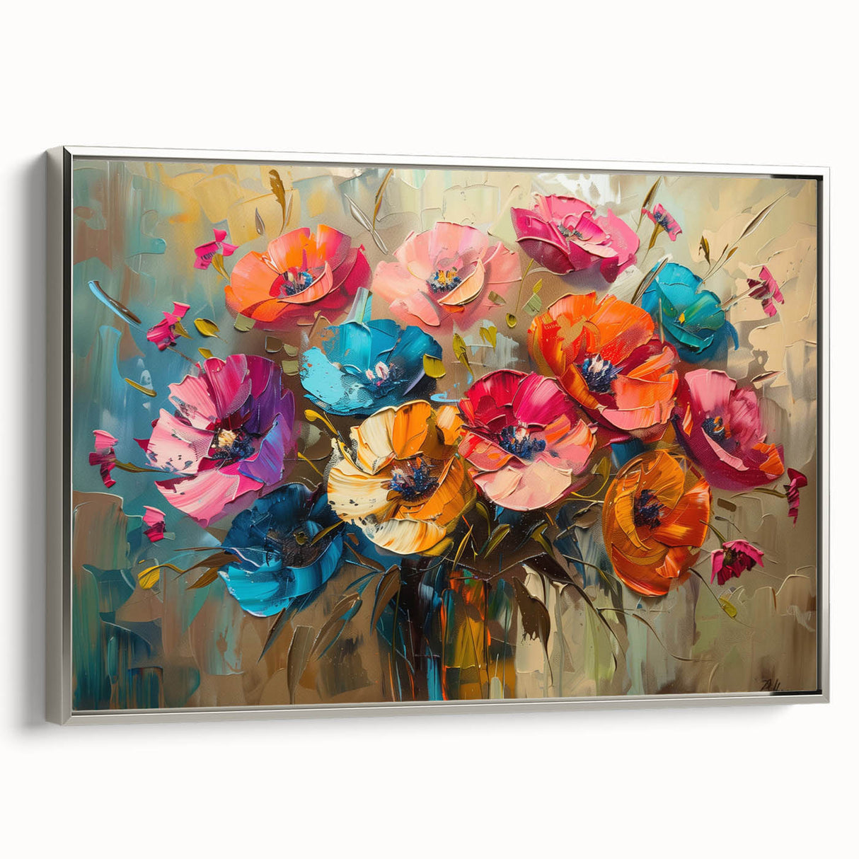 Framed botanical wall art featuring a vibrant poppy design on canvas with a sleek silver frame, displayed in a stylish setting that enhances its floral elegance.