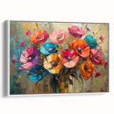 Framed wall art featuring a botanical poppy design in vibrant colors, showcasing delicate flower details on a white background, perfect for home decor.