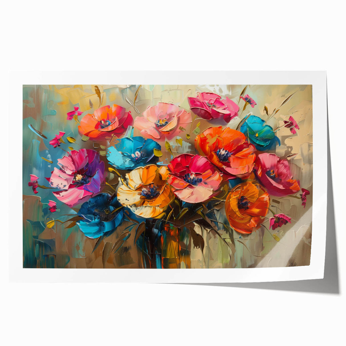 Vibrant botanical poppy design wall art print showcasing intricate floral details and vivid colors, rolled for easy display and shipping in a protective tube.