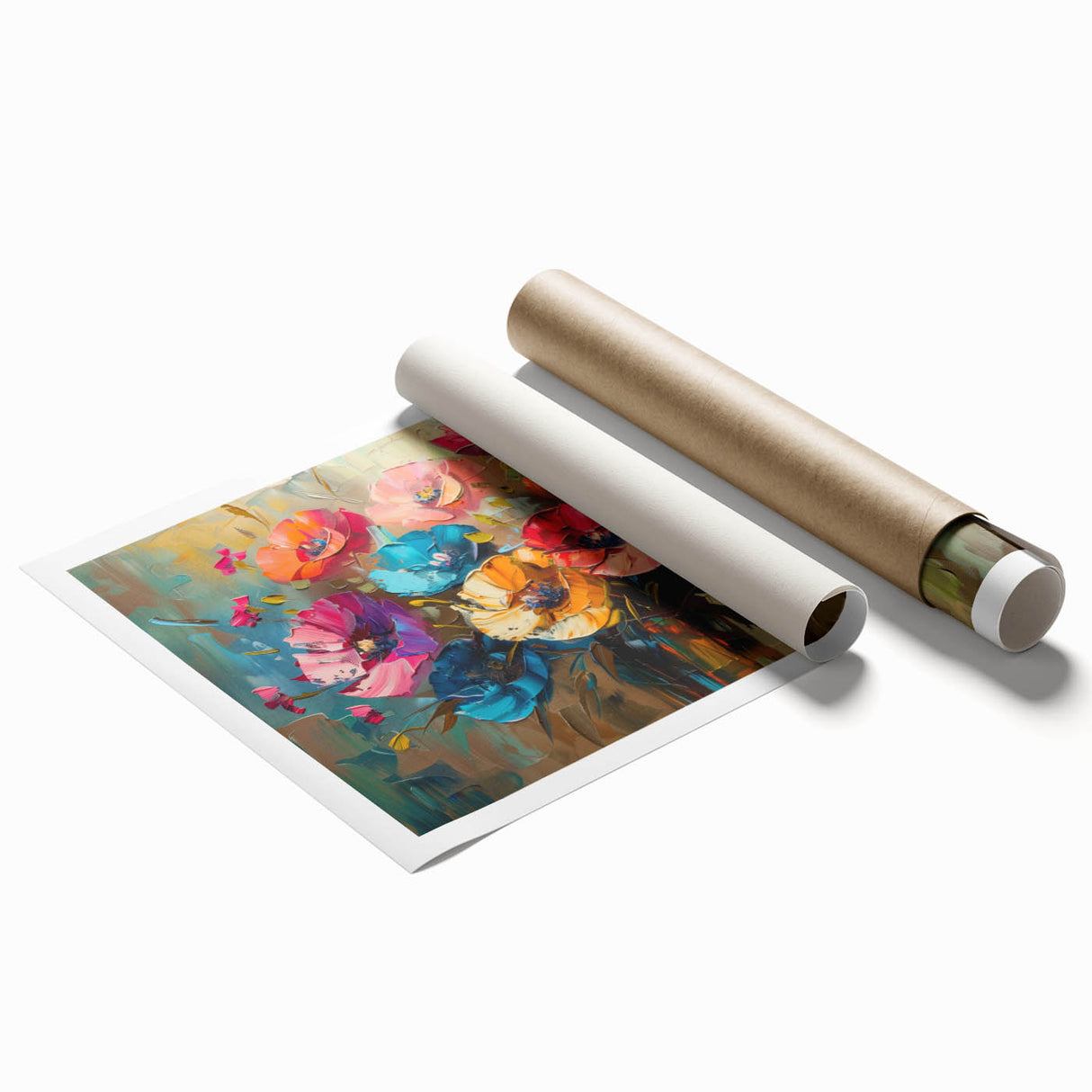 Botanical poppy wall art print featuring vibrant red and green floral design, rolled for easy shipping and display, perfect for home decor or office enhancement.