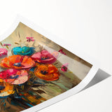 Vibrant botanical poppy design wall art print showcasing intricate floral details in bold colors, rolled for easy display and shipping, perfect for home decor.
