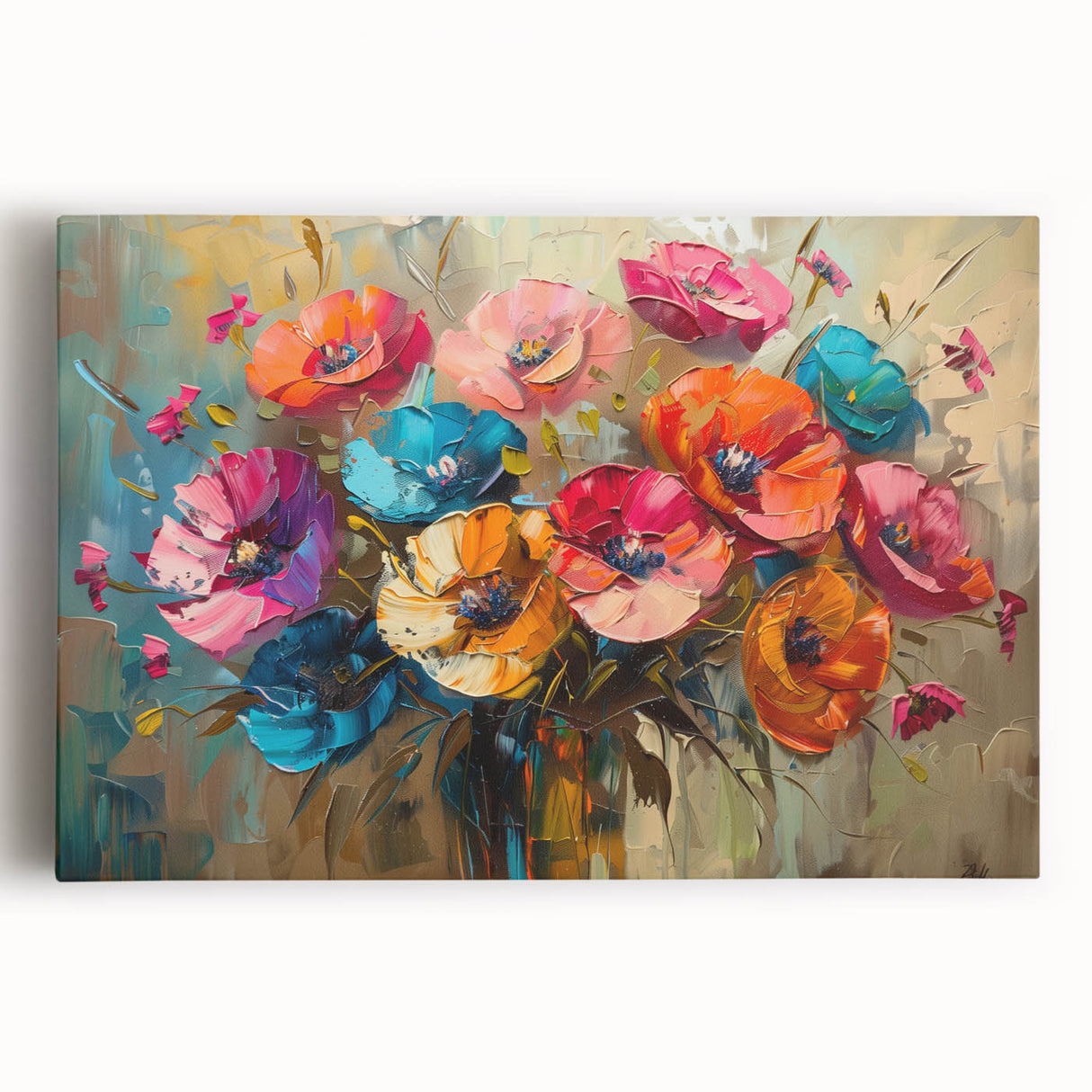 Vibrant botanical wall art featuring a poppy design on stretched canvas, showcasing rich colors and intricate details, ideal for home decor and floral enthusiasts.