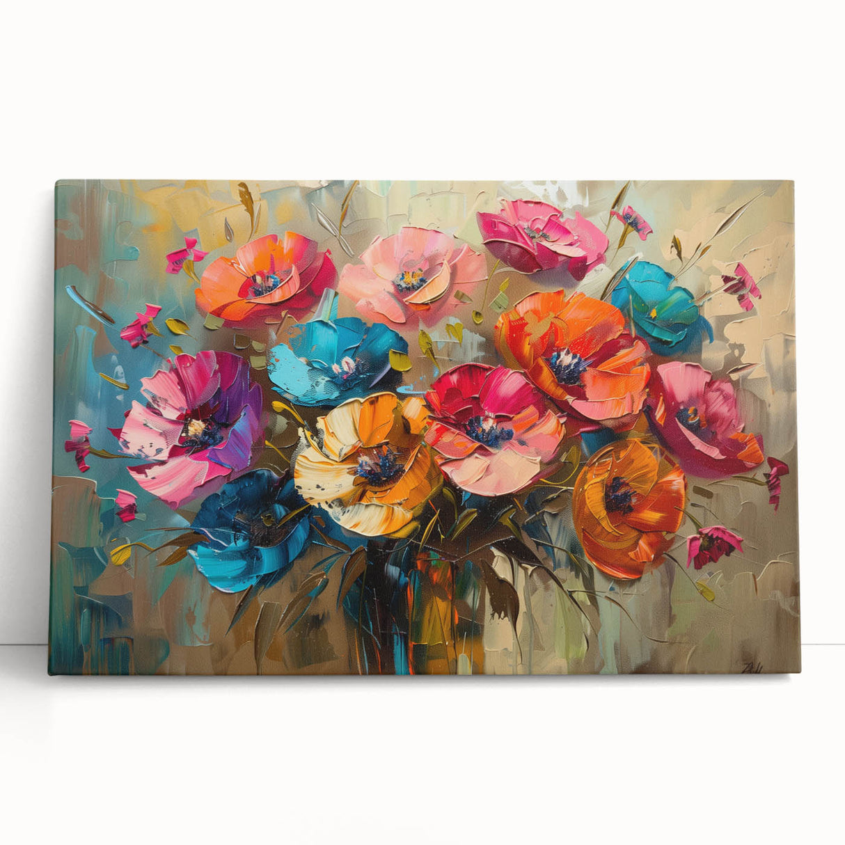Vibrant botanical poppy wall art design displayed on stretched canvas, showcasing rich colors and intricate details, perfect for home decor and nature lovers.