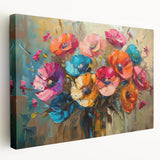 Stretched canvas wall art showcasing a vibrant botanical poppy design, featuring rich colors and intricate floral details, perfect for home decor or gallery display.