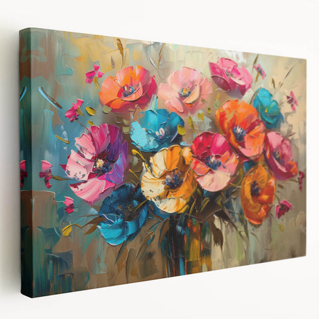 Stretched canvas wall art showcasing a vibrant botanical poppy design, featuring rich colors and intricate floral details, perfect for home decor or gallery display.