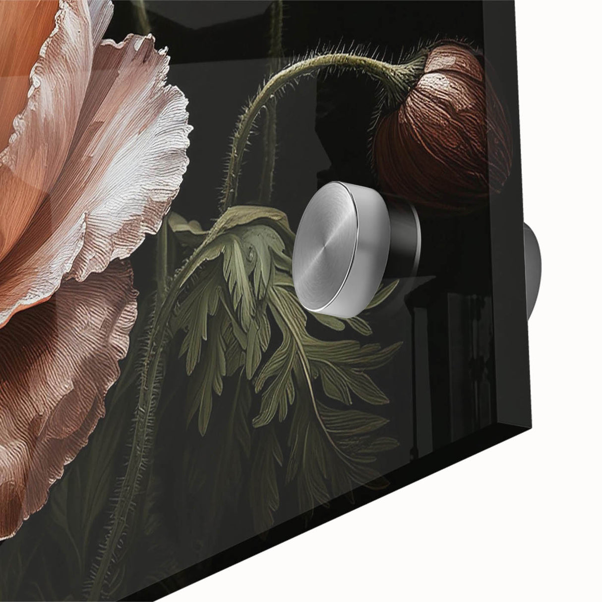 Close-up of a vibrant botanical wall art design featuring delicate poppies in rich colors, printed on high-quality acrylic glass, ideal for home decor.