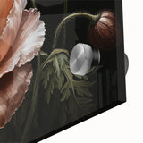 Close-up of a vibrant botanical wall art design featuring delicate poppies in rich colors, printed on high-quality acrylic glass, ideal for home decor.