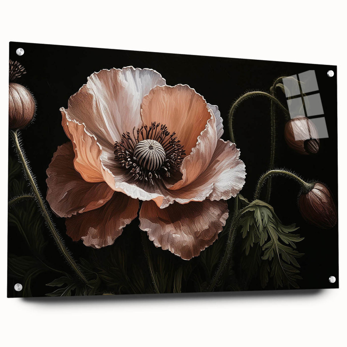 Botanical poppy wall art collection displayed in a side view, featuring vibrant acrylic glass with decorative pins, perfect for modern home decor.