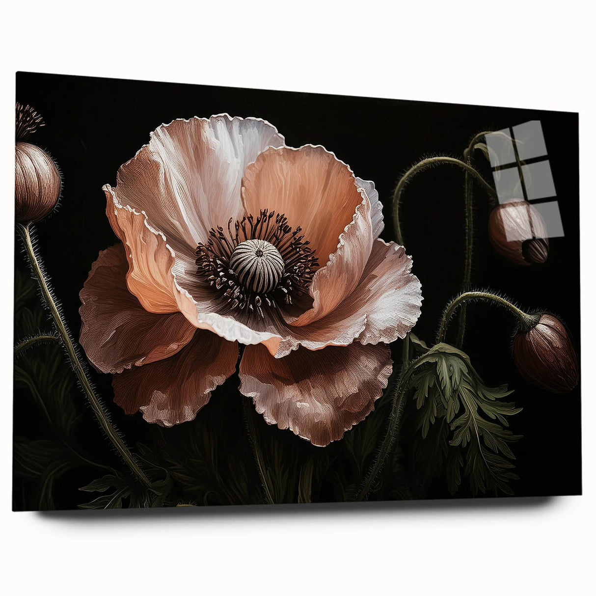 Acrylic glass wall art showcasing a vibrant botanical poppy design, elegantly displayed in a side view, perfect for modern home decor and floral enthusiasts.