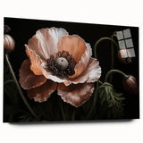 Acrylic glass wall art showcasing a vibrant botanical poppy design, elegantly displayed in a side view, perfect for modern home decor and floral enthusiasts.