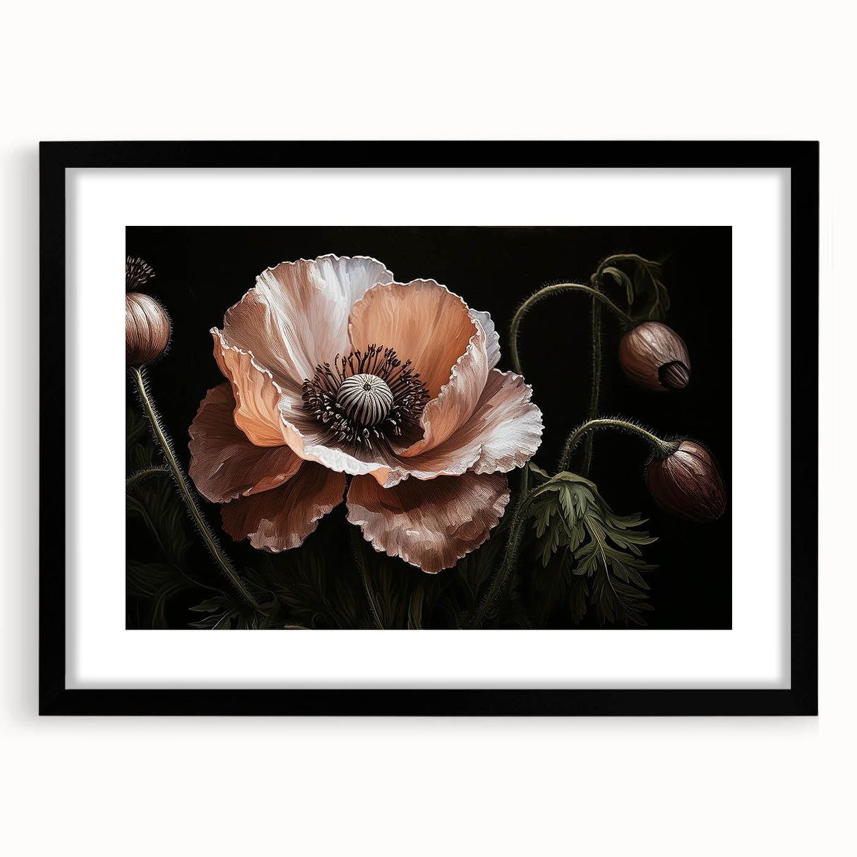 Botanical wall art featuring a vivid poppy design in a sleek black frame with matting, showcasing floral elegance and modern decor aesthetics for home interiors.