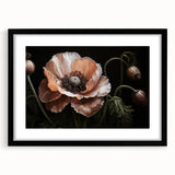 Botanical wall art featuring a vivid poppy design in a sleek black frame with matting, showcasing floral elegance and modern decor aesthetics for home interiors.
