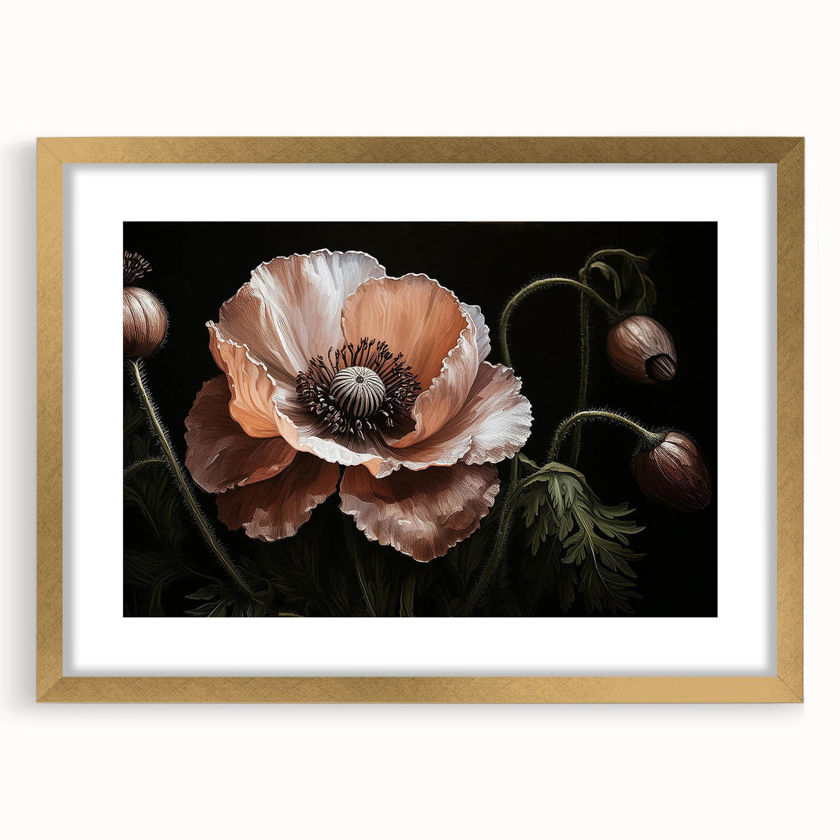 Botanical wall art featuring a vibrant poppy design in a gold frame with a mat, showcasing intricate floral details and elegant aesthetics, perfect for home decor.
