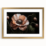 Botanical wall art featuring a vibrant poppy design in a gold frame with a mat, showcasing intricate floral details and elegant aesthetics, perfect for home decor.