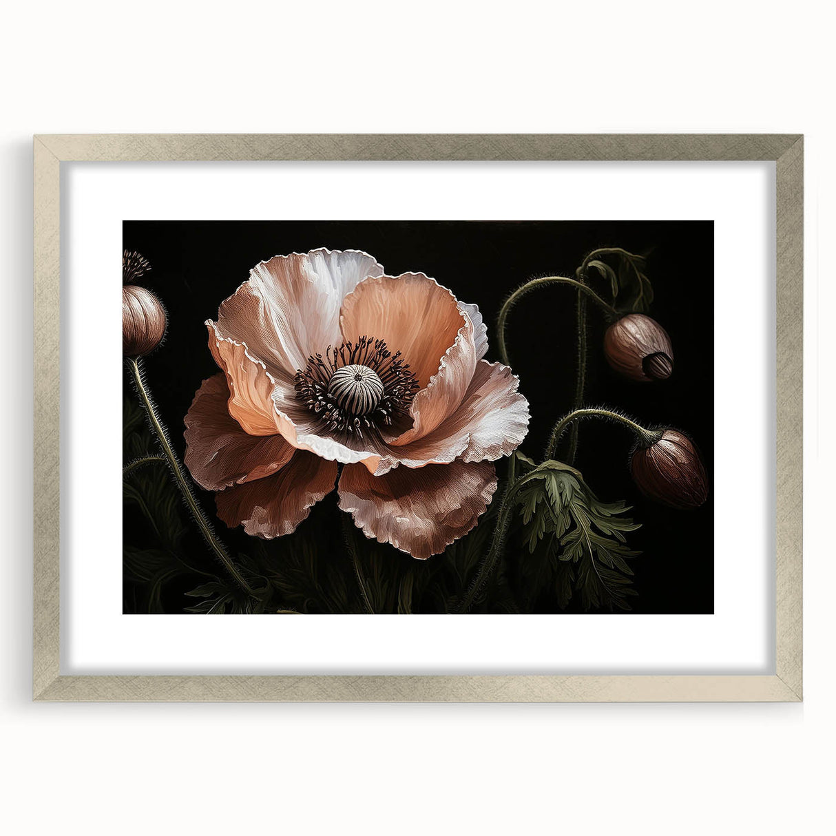 Framed botanical poppy wall art collection showcasing vibrant red and green flowers with a sleek silver frame and mat, perfect for home decor accents.