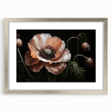 Framed botanical poppy wall art collection showcasing vibrant red and green flowers with a sleek silver frame and mat, perfect for home decor accents.