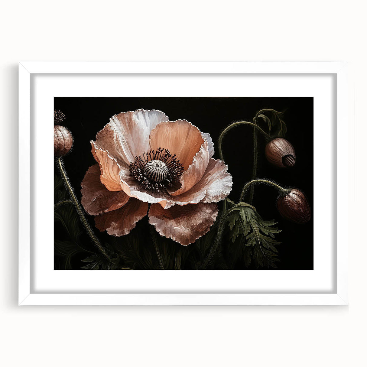 Botanical wall art featuring a delicate poppy design in a white frame with matting, showcasing soft colors and intricate details, ideal for home decor.