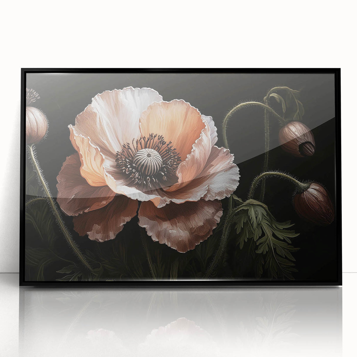 Framed wall art featuring a vibrant botanical poppy design, showcasing intricate floral details in a black acrylic frame, ideal for home decor.