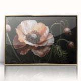 Framed wall art featuring a vibrant botanical poppy design with gold accents, showcasing intricate details and rich colors, perfect for home decor enhancement.