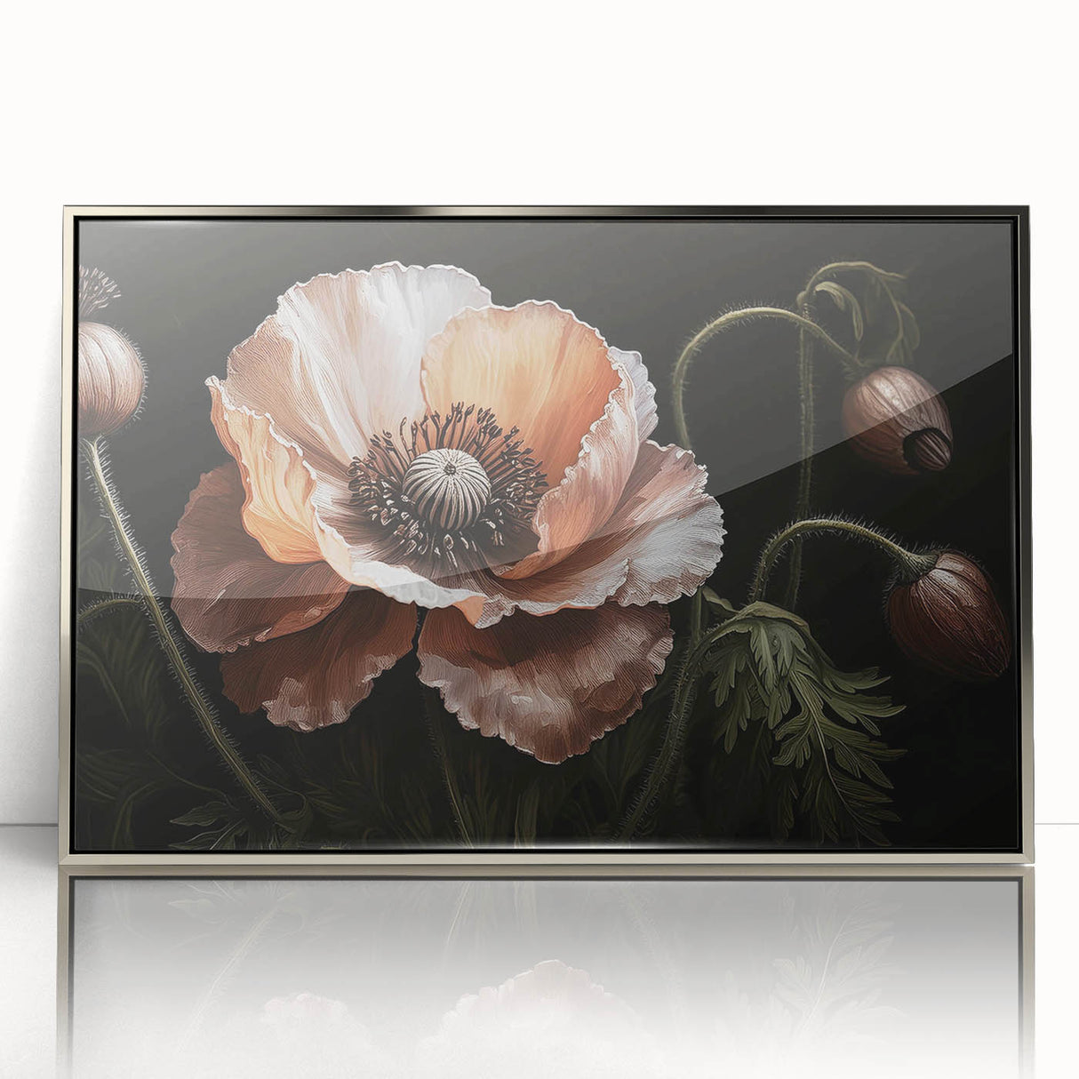 Framed wall art featuring a vibrant botanical design of poppies in a sleek silver frame, showcasing intricate details and vivid colors, perfect for home decor.