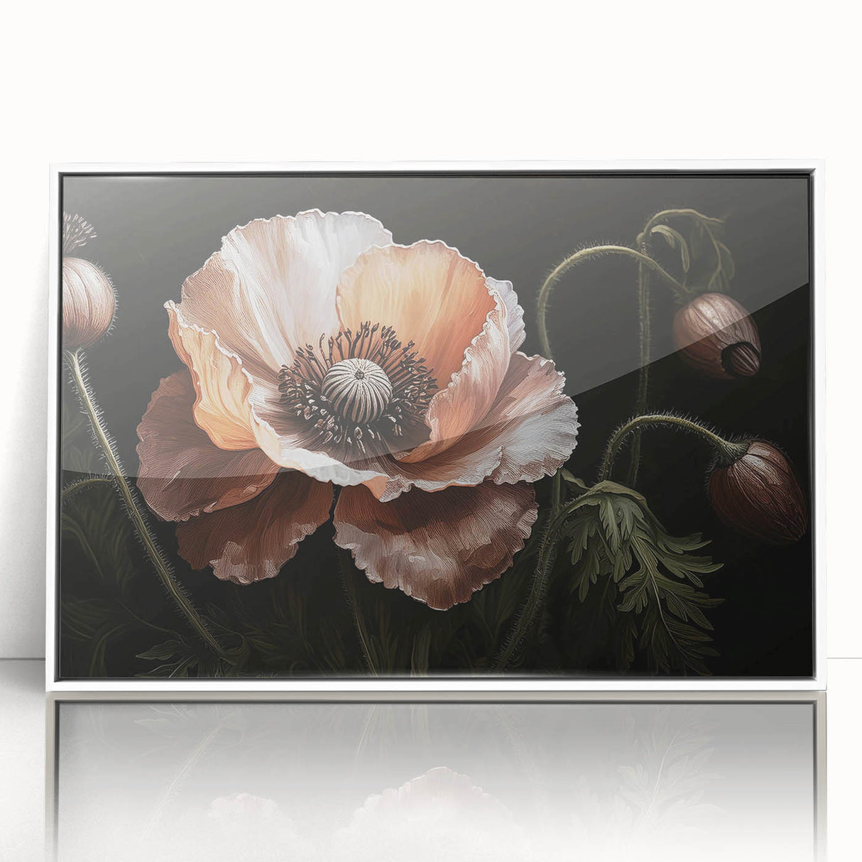 Framed wall art featuring a botanical poppy design in vibrant colors, displayed with a white frame, perfect for home decor and enhancing interior aesthetics.